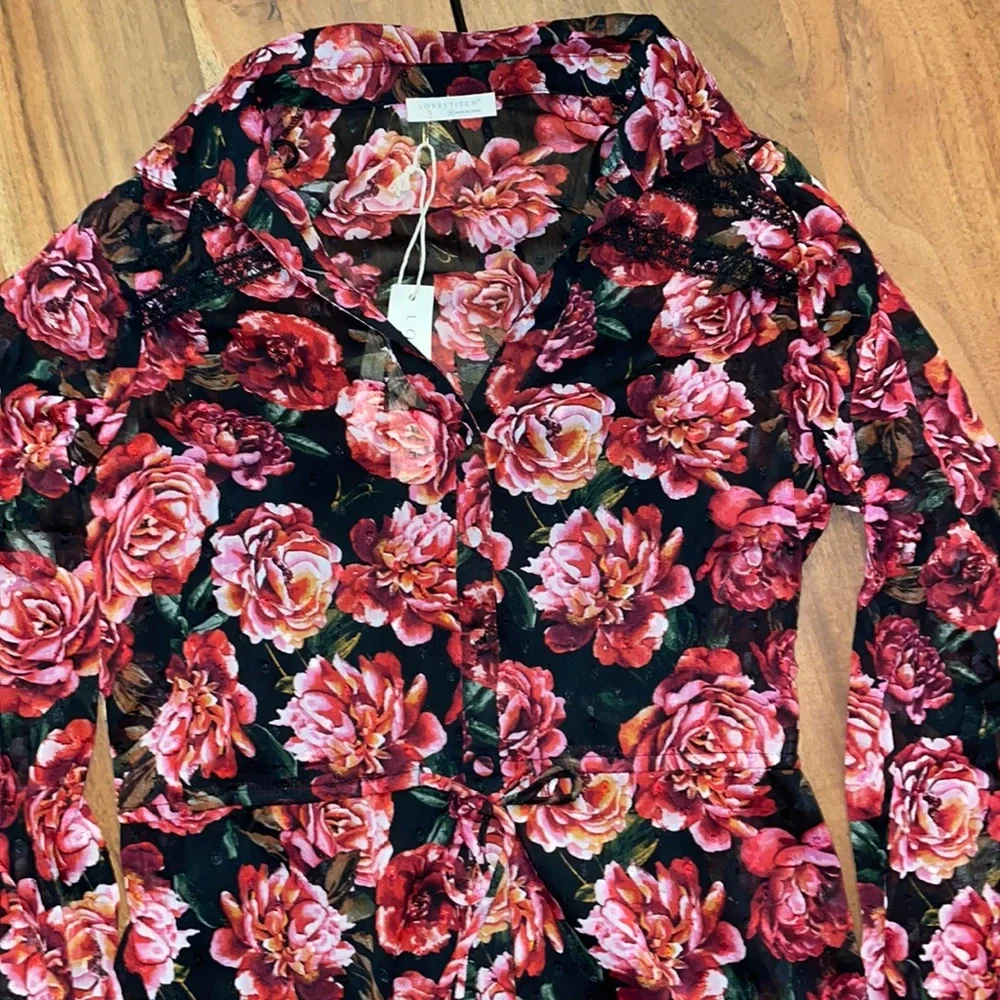 Lovestitch Women's Magenta Floral Floral Lace Trim Mini Dress Size Small NWT - Picture 2 of 10